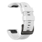 White silicone sport watch band with adjustment holes and dark buckle