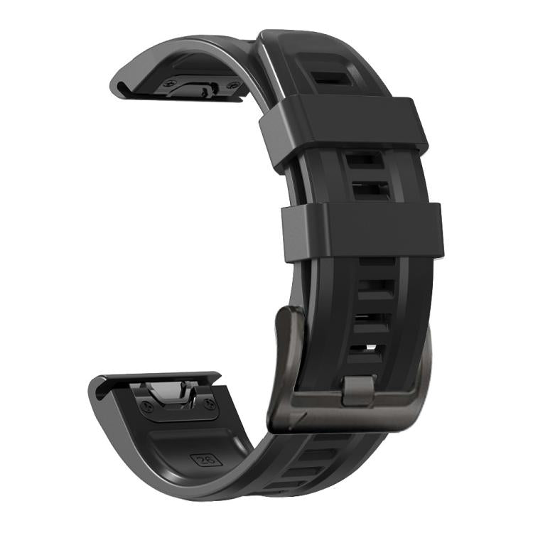 Black silicone sport watch band with adjustment holes and buckle