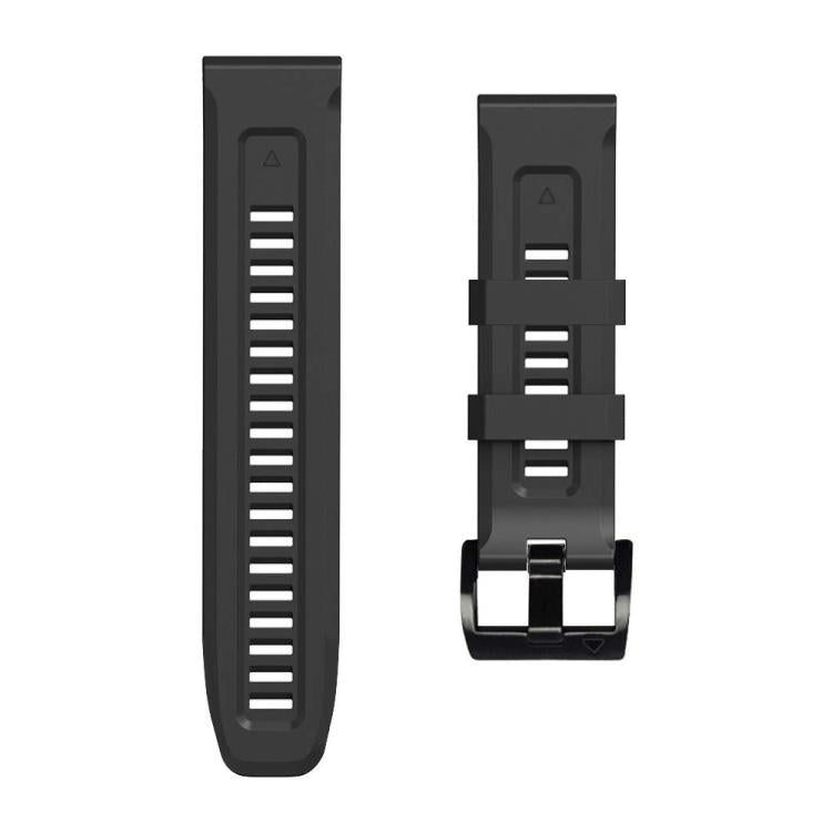 Charcoal silicone watch band shown as two pieces, with adjustment holes and metal buckle