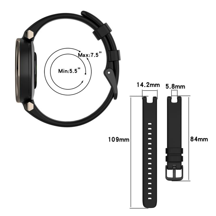 Black watch band shown with fit range and strap dimensions