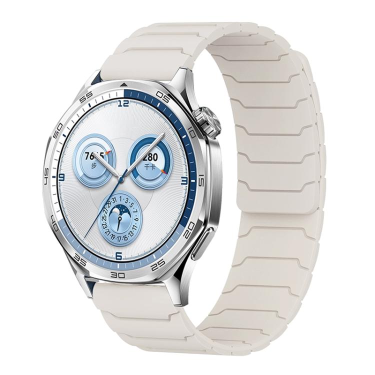 Light gray silicone magnetic watch band with segmented links, shown on a silver smartwatch