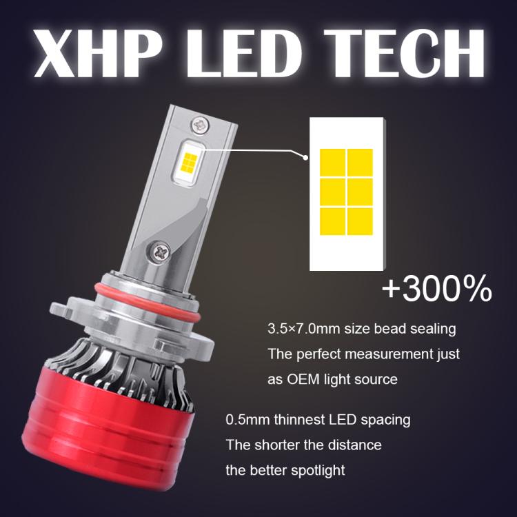 LED headlight bulb with silver body and yellow LED chips, showing slim connector