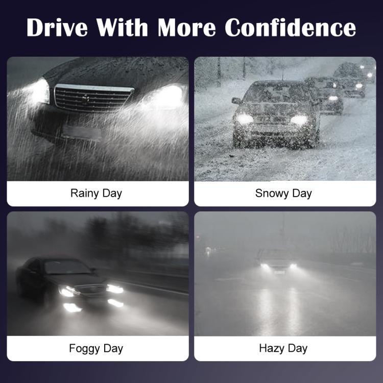 Car LED headlight bulbs showing bright white light in rainy, snowy, foggy conditions