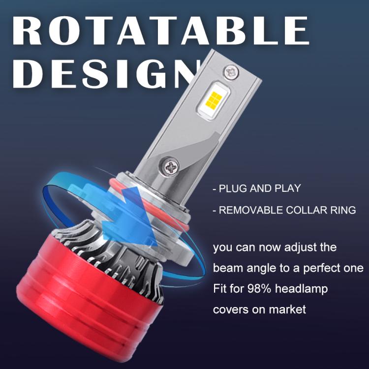 Adjustable LED headlight bulb with silver housing and red heatsink ring