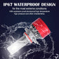 Waterproof LED headlight bulb with silver body and red heatsink, shown with splash