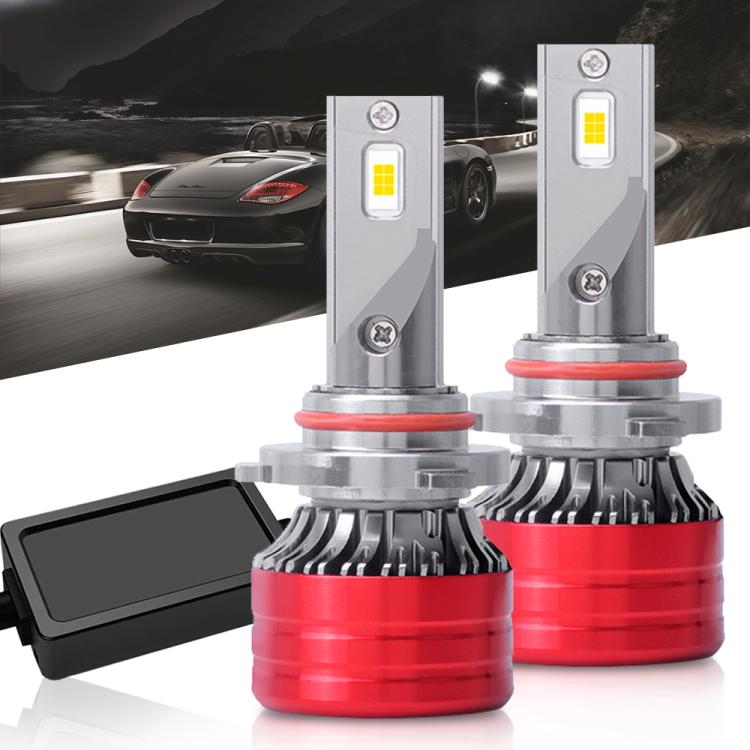 Pair of LED car headlight bulbs with red heat sinks and silver housings, cooling fins