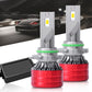 Pair of LED headlight bulbs with red and green rings, silver housings, cooling fins