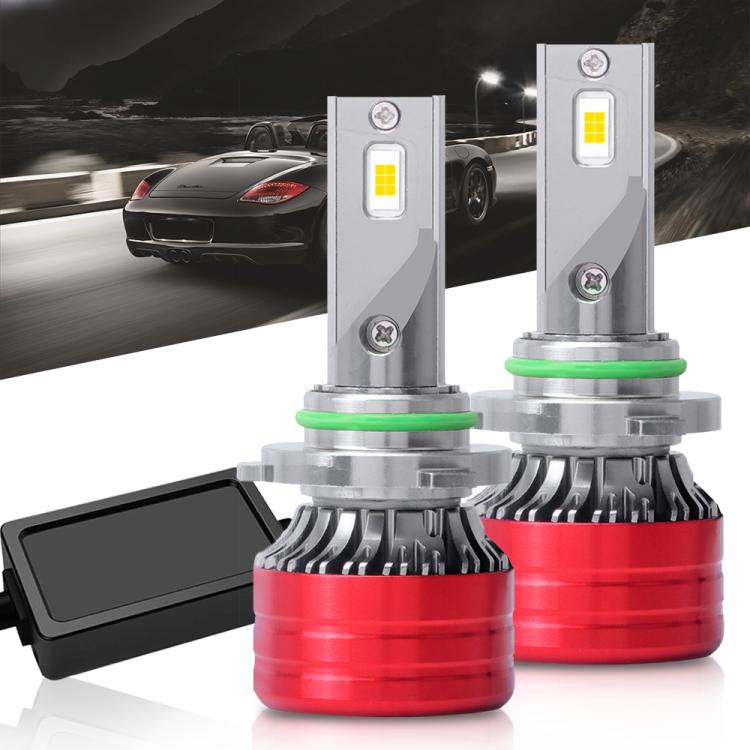 Pair of LED headlight bulbs with red and green rings, silver housings, cooling fins