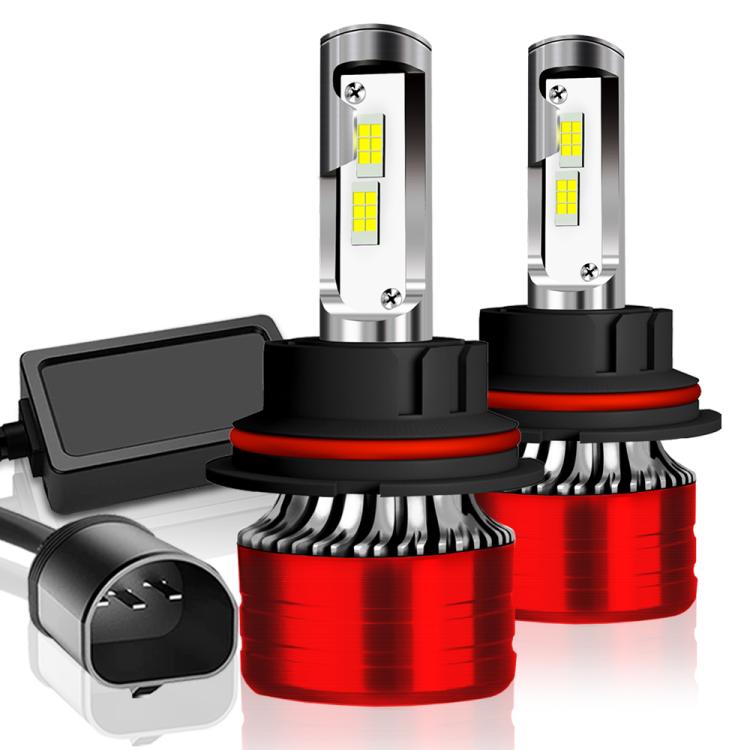 LED car headlight bulb set with red heat sinks, silver modules, and black base caps