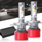 LED car headlight bulbs with red heat sinks and silver housings, black base cap