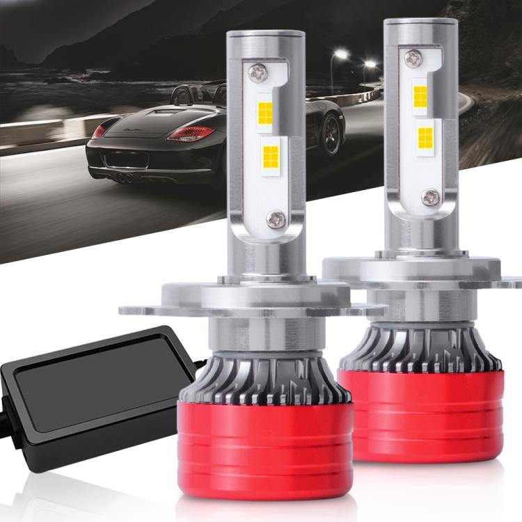LED car headlight bulbs with red heat sinks and silver housings, black base cap