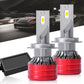 LED headlight bulb pair with red heat sinks, silver housings, and black dust cover