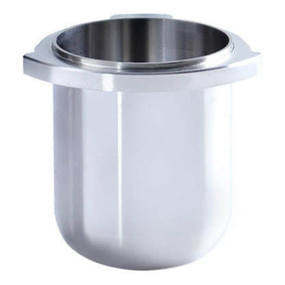 Stainless steel coffee dosing cup with wide rim and hollow interior