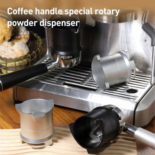 Silver rotary dosing cup feeder on espresso machine, open powder cup design
