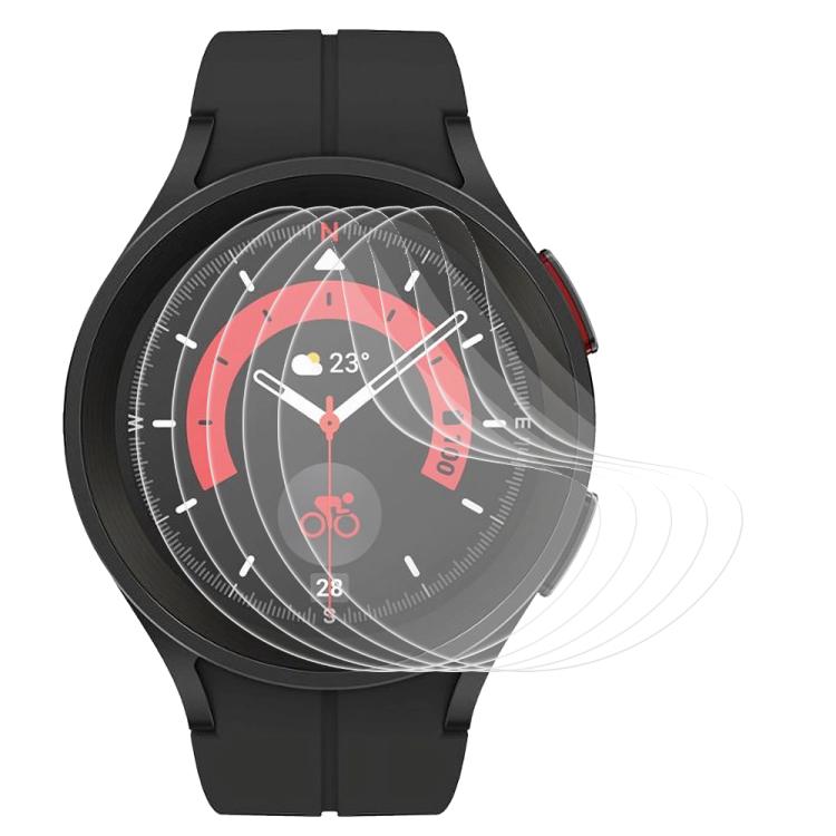 Clear hydrogel screen protector shown over a round smartwatch with a compass-style display.