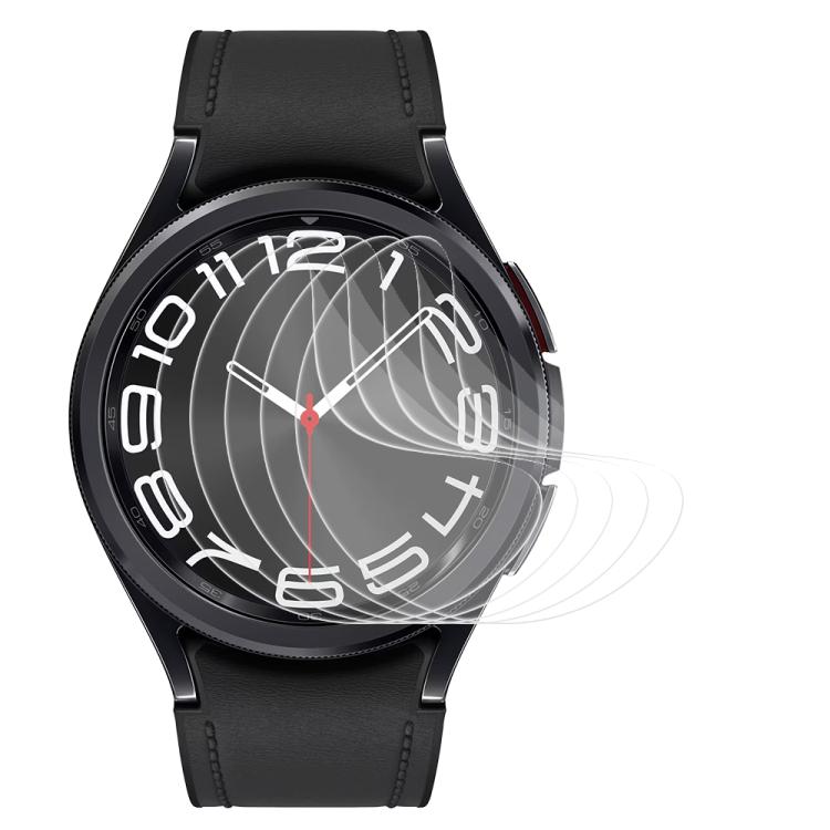 Clear hydrogel screen protector shown over a round watch with a black leather strap and white dial.