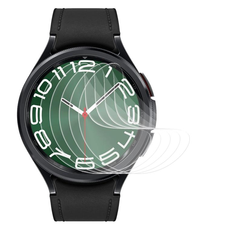 Clear hydrogel screen protector shown over a round watch with a black leather strap and green dial.