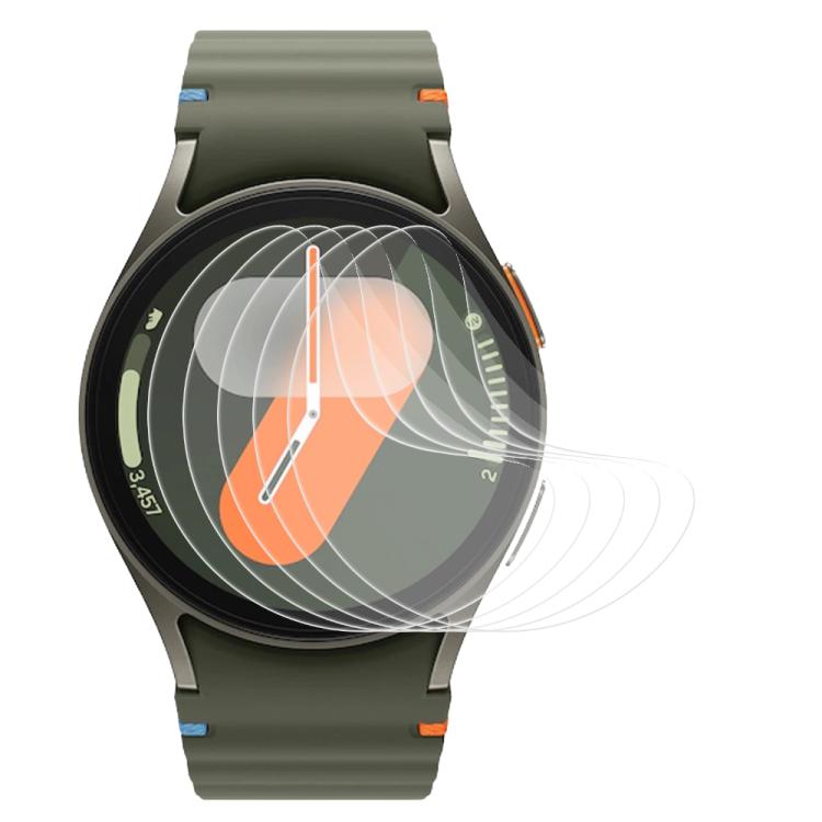 Clear hydrogel screen protector shown over a round smartwatch with an olive-green strap.