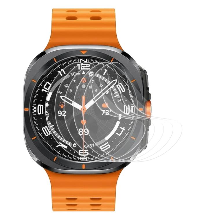 Clear hydrogel watch screen protectors shown lifting from a square smartwatch display