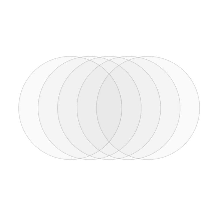 Five clear round hydrogel screen protectors arranged in an overlapping stack