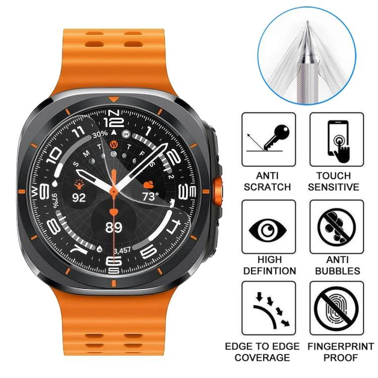 Hydrogel watch screen protector shown on a square smartwatch with feature icons