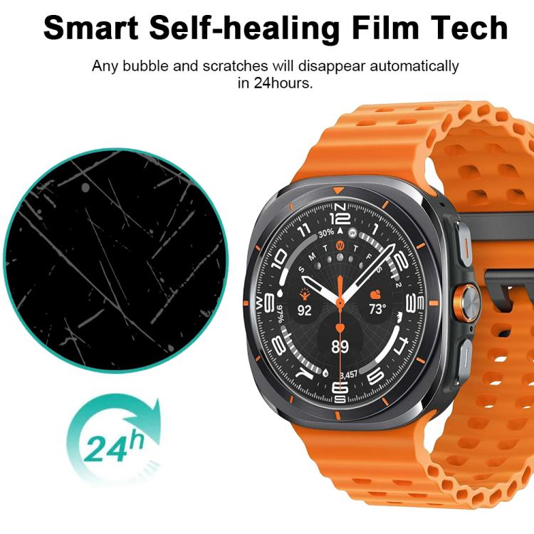 Hydrogel watch screen protector on an orange-banded smartwatch, with a scratch illustration