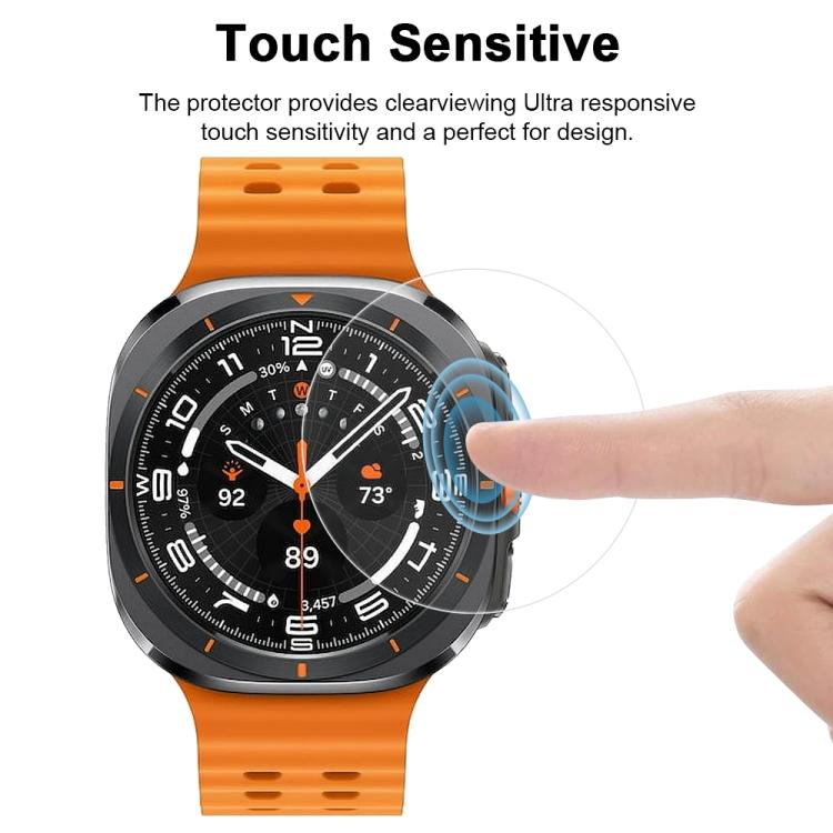 Clear hydrogel watch screen protector shown responding to a touch on a smartwatch