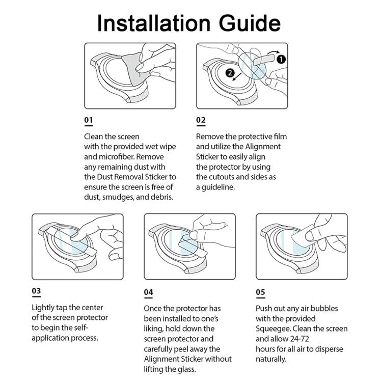 Hydrogel screen protector installation guide with illustrated application steps