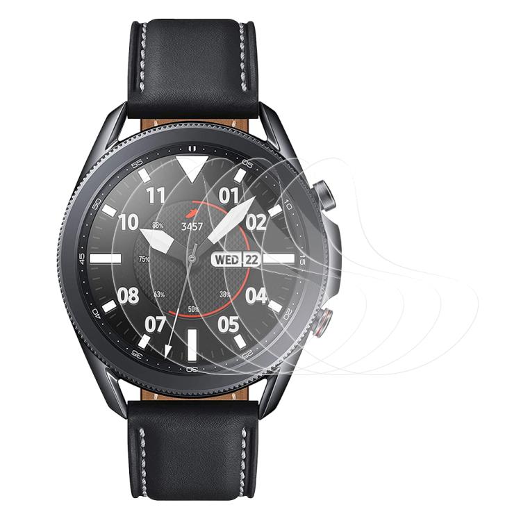 Transparent full-cover screen protector shown on a round watch with a black strap