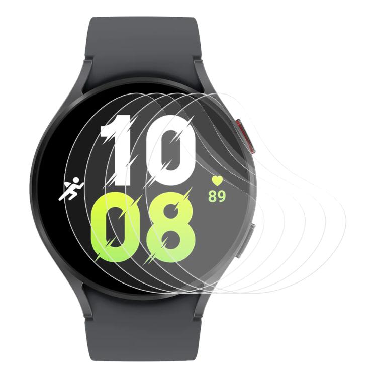 Clear hydrogel screen protector shown over a round smartwatch with a dark band and bright digital display.