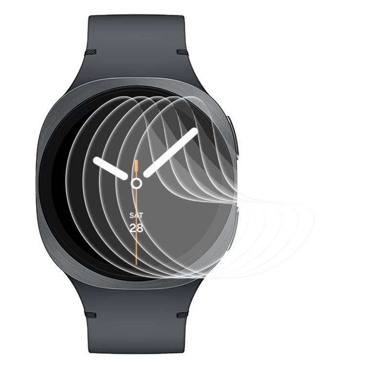 Clear hydrogel screen protectors shown peeling away from a round smartwatch display