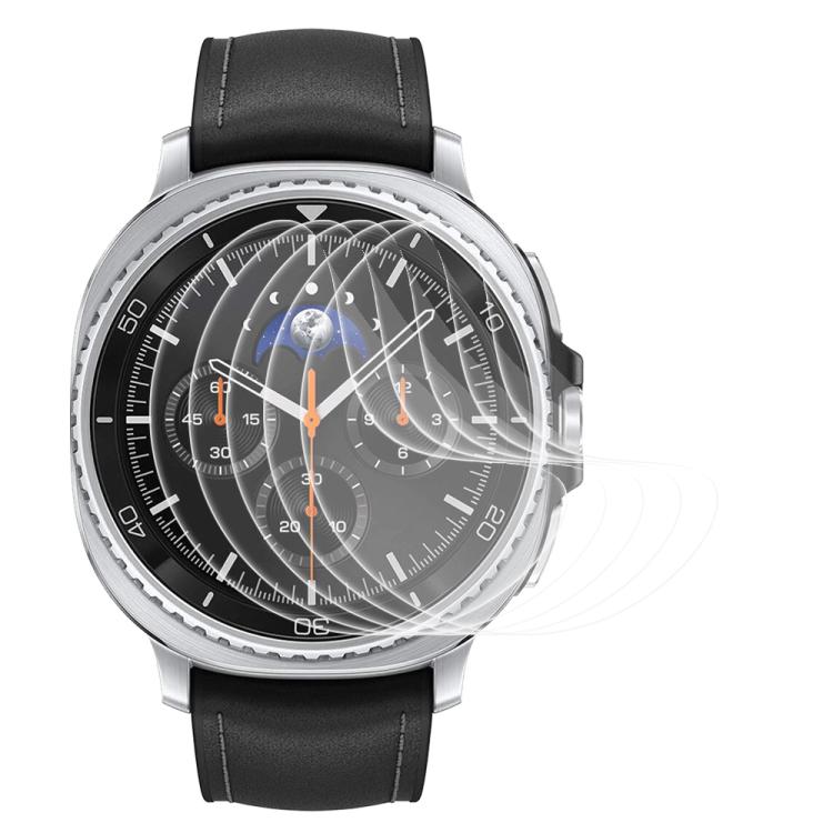 Clear hydrogel screen protector shown over a round silver smartwatch with a black strap.