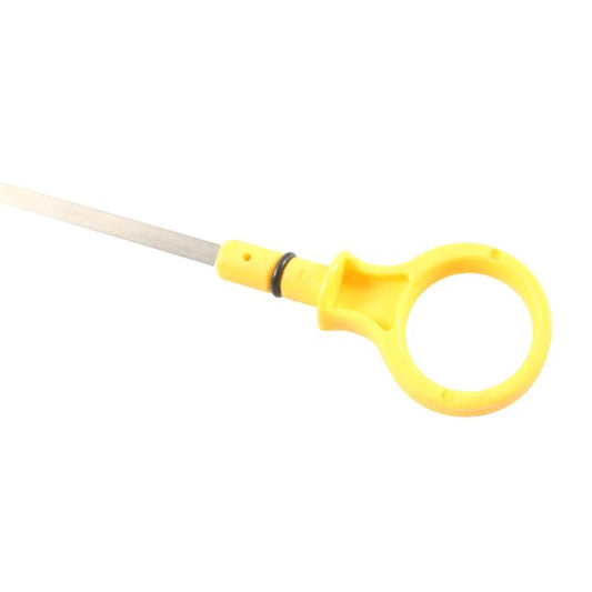 Engine oil dipstick close-up with yellow loop handle and black end grip