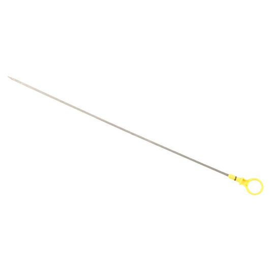 Engine oil dipstick with yellow loop handle and slim metal rod