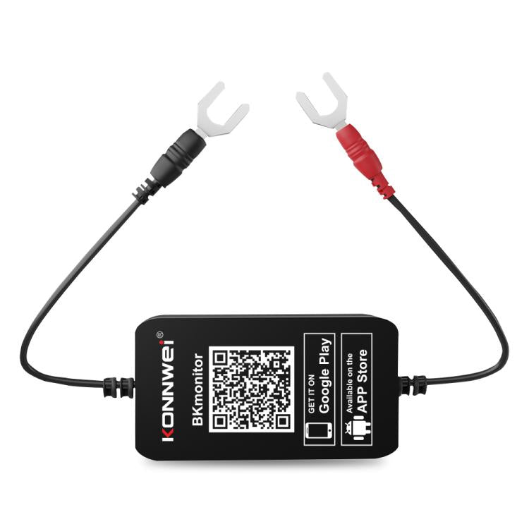 Bluetooth battery monitor diagnostic tool with black module and red/black test leads