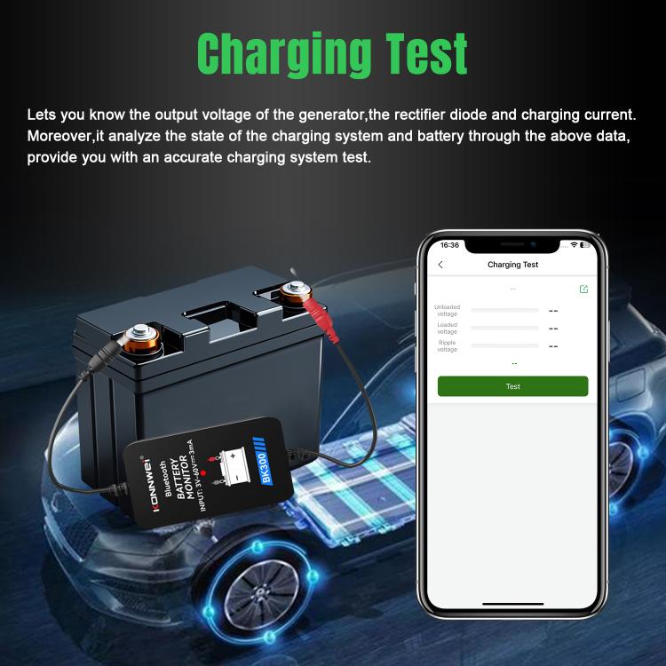 Bluetooth battery monitor and diagnostic tool with battery clips and smartphone app screen