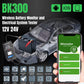 Wireless car battery monitor tester with phone screen showing diagnostic options