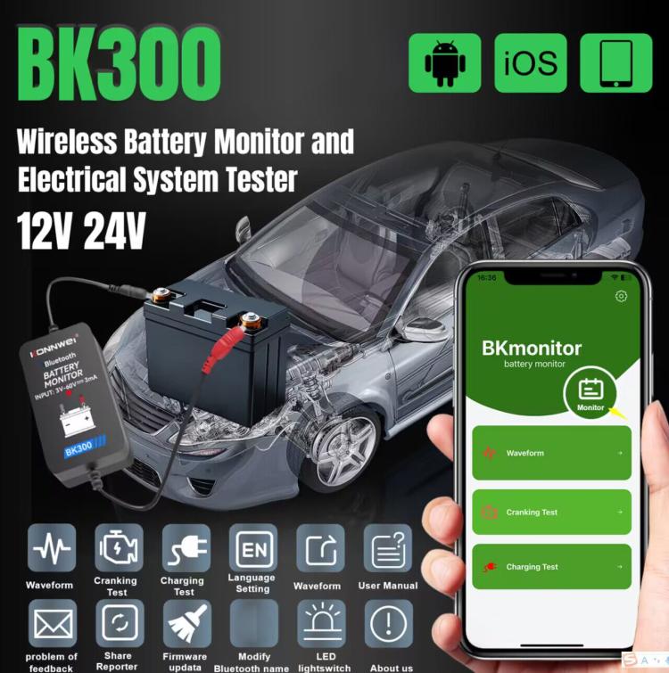 Wireless car battery monitor tester with phone screen showing diagnostic options