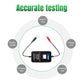 Car battery testing tool with test leads and indicator labels for battery and voltage checks