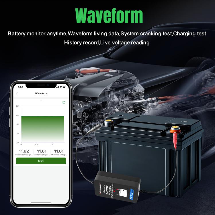 Battery monitor tool with phone waveform display and test module connected to a car battery