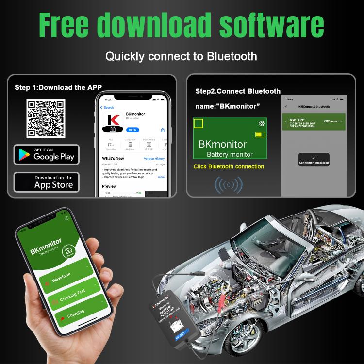 Battery monitor app download and Bluetooth connection steps with phone and test device