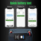 Car battery tester module on battery with phone screens for waveform, charging, and cranking tests