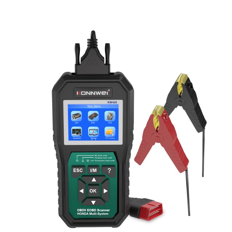 Handheld OBD2 diagnostic scan tool with color screen, black body, red OBD plug cable