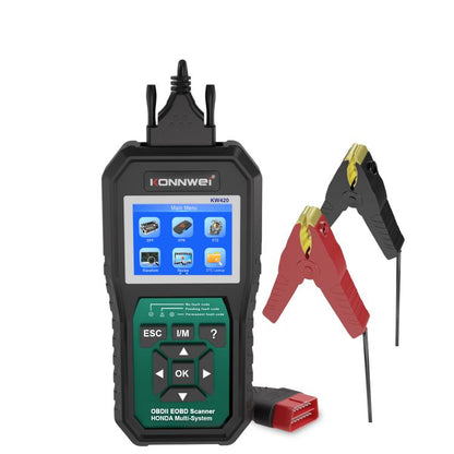 Handheld OBD2 diagnostic scan tool with color screen, black body, red OBD plug cable
