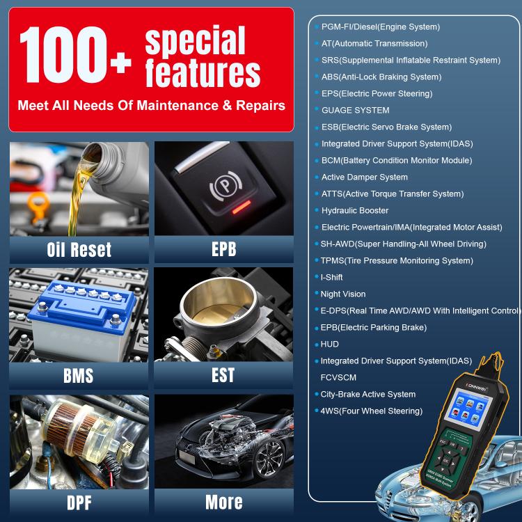 KONNWEI KW420 OBD2 scanner features screen with oil reset and system list