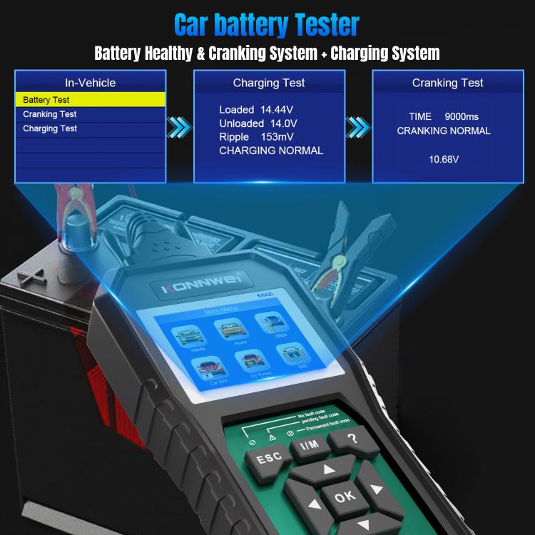 KONNWEI KW420 OBD2 scanner showing car battery test menu on color display