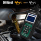 KONNWEI KW420 OBD2 scanner held near car battery fluid, with green controls