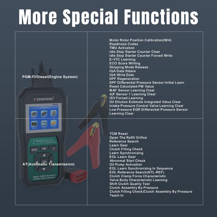 KONNWEI KW420 OBD2 scanner with special functions list on feature panel