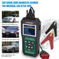 OBD2 diagnostic scanner showing color screen, with probe cables and red OBD plug