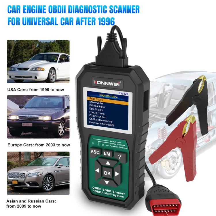 OBD2 diagnostic scanner showing color screen, with probe cables and red OBD plug